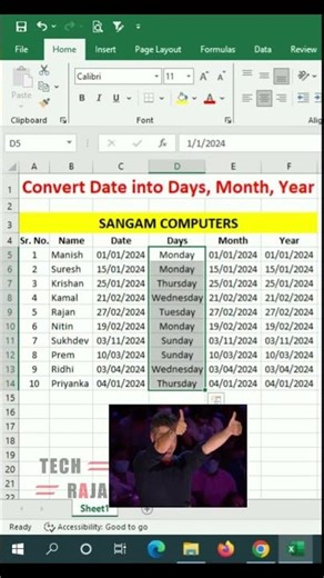 Convert Date into Day Month Year | Date में से Day Month और Year को अलग करें #excel #exceltutorial