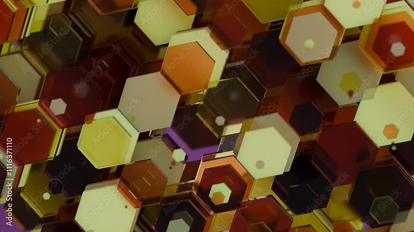 3D loop animation of a multitude of hexagons, transparent cells in motion. Cells appear moving away from the camera. A hundredth of different colors. Abstract 3D animation for the desktop.