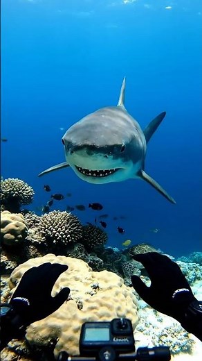 A calm reef dive turns terrifying as a massive shark appears behind an unaware diver—caught on GoPro