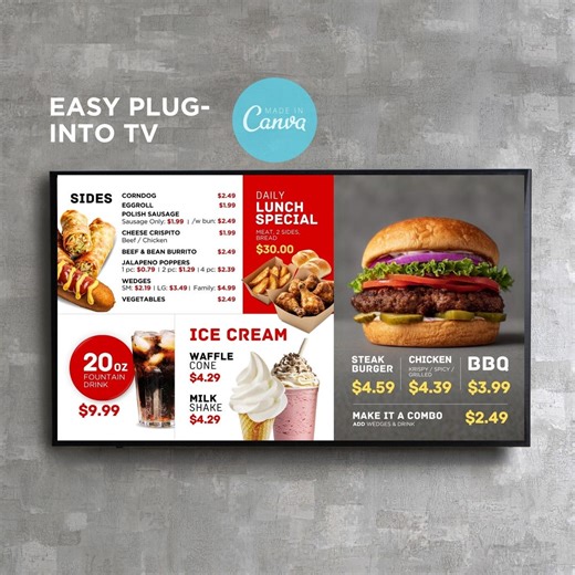 DIY Static TV Editable Digital Menu Board Screen Canva Template for Restaurant Pizza Burger Cafe Breakfast Drive Thru Food Truck Fast Food - Etsy
