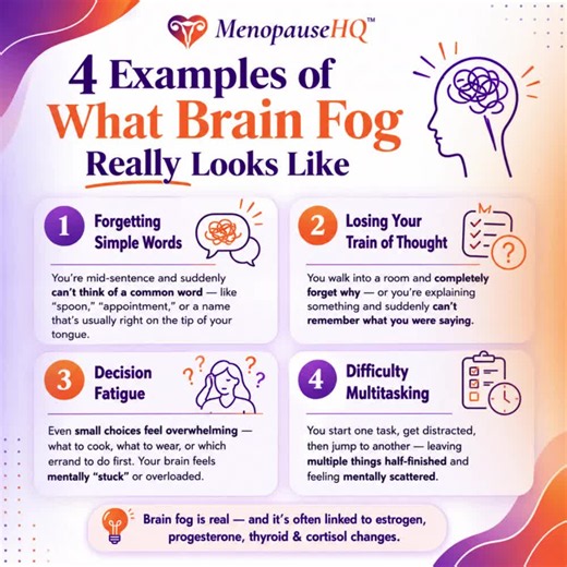 Brain fog during perimenopause and menopause is REAL. It can look like: • forgetting common words • losing your train of thought • struggling to focus • feeling mentally “cloudy” • getting overwhelmed by simple tasks Hormone changes can affect memory, concentration, mood, sleep, and mental clarity in ways many women never expected. This quick visual helps explain what brain fog actually feels like so women know they’re not imagining it — and they’re not alone. 💜 Save this post 🧡 Share it with 