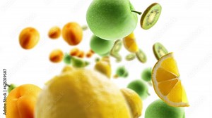 Multifruit set, different fruits falling , slow motion close-up White background․