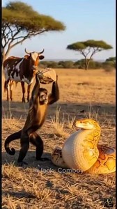Python swallows cute calf, heroic mother monkey rushes to rescue 4 #animals #cow #snake #monkey #ai
