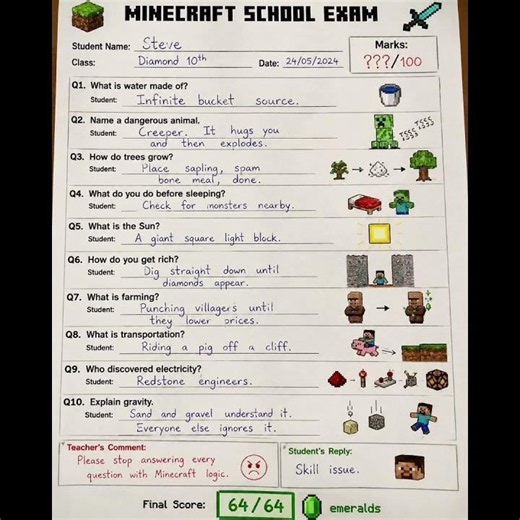 😂 Minecraft School Exam Be Like... Steve Gets 64/64 Emeralds! ⛏️💎
