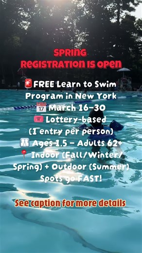 Learn to Swim 🏊‍♀️ (FREE Program!) Swim classes offered year-round (fall, winter, spring FREE summer sessions!) for tots, kids, adults & seniors—all skill levels welcome. 📅 Lottery Dates: • Spring: Mar 16 – Mar 30, 2026 📍 Unfortunately, limited locations: Manhattan, Queens and Brooklyn 💡 Ages: 1.5 – 17 (summer outdoor) adults & seniors (indoor seasons) 🌊 Learn water safety, floating, breath control & swim techniques (beginner → advanced) 📝 How it works: • Lottery entry (1 class per person)