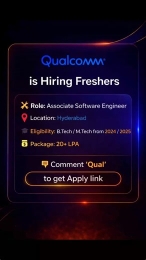Sdo Openings on Instagram: "Qualcomm is hiring #Freshers for Associate #Software Engineer. Location: #Hyderabad Eligibility: - B.Tech/M.Tech – 2024/2025 – ECE, Communication Systems - Bachelor’s degree in Engineering, Information Systems, Computer Science, or related field. - Master’s or Bachelor’s in Electronics and Communication Engineering or equivalent - Fresh grads need to have a good understanding of C and/or C++, Software Engineering concepts with focus on embedded software, Digital/Wirel