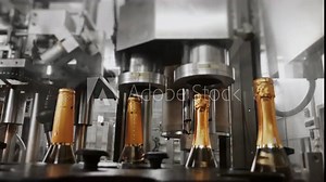 Automated champagne and wine bottling line in beverage production facility.