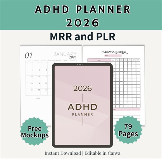 2026 ADHD Digital Planner PLR MRR, Adhd Planner for Adults, Commercial Use, Editable in Canva, Printable, Digital Product, Letter Size, A4 - Etsy