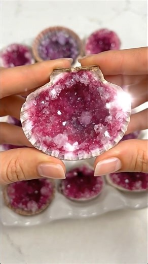 Materials Seashells Natural seashells (clam, scallop, oyster, or snail shells work best) Shells should be clean, dry, and deep enough to hold liquid Small tray, bowl, or egg carton (to keep shells upright) Crystal Solution Borax powder (laundry aisle) Very hot water (near boiling; adult supervision required) Food coloring for raspberry–plum tones Red food coloring (base) Purple food coloring (depth) Optional: a tiny drop of blue for deeper plum tones Tools Heat-safe measuring cup or bowl Spoon T