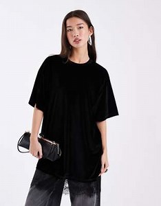 ASOS DESIGN velvet lace trim t shirt dress in black | ASOS