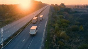 Aerial view of white semi trucks with cargo trailer are moving on the highway at sunset. Back view