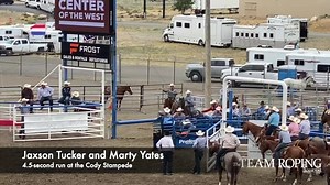 31K views · 1.1K reactions | Holy Moly! Seven-time NFR Calf Roping Qualifier Marty Yates filled in to heel for Jaxson Tucker at the Cody (Wyoming) Stampede! Watch them go 4.5 seconds in the Slack!   Courtesy Jaxson Tucker Cowboy Christmas coverage brought to you by Resistol and Soft-Ride Equine Comfort Boots. | The Team Roping Journal Magazine | Facebook