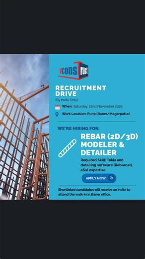 Jobs Guide on Instagram: "Here is a professional Job Description + Instagram caption + hashtags based on the poster you shared 👇 ✅ Instagram Job Description (Copy–Paste Ready) 🚀 Hiring Alert – Pune (Baner / Magarpatta) Vconstruct is conducting an exclusive Recruitment Drive (By Invite Only) for: 🔧 Rebar (2D/3D) Modeler & Detailer Required Skills: • Tekla Structures • Rebar detailing software (RebarCAD / aSa) 📅 Drive Date: Saturday, 22nd November 2025 📍 Location: Pune – Baner / Magarpatta 📌