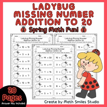 Ladybug Missing Number Addition to 20 Worksheets | Spring Math | Missing Addends