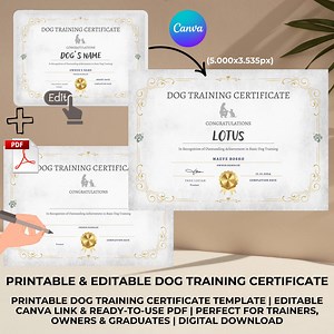 Modèle de certificat de dressage de chien : toile modifiable, téléchargement numérique PDF prêt à l'emploi - Etsy France
