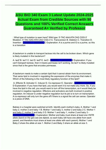 ASU BIO 340 Exam 3 Latest Update 20242025 Actual Exam from Credible Sources with 90 Questions and 10
