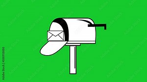 animation of classic mailbox with a letter envelope, drawn in black and white. On a green chrome key background