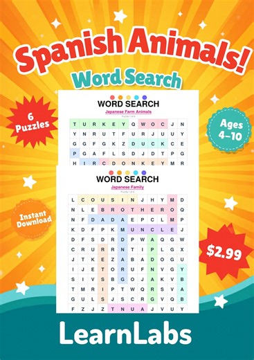 Spanish Animals Word Search Printable – Vocabulary Learning Activity (PDF) - Etsy