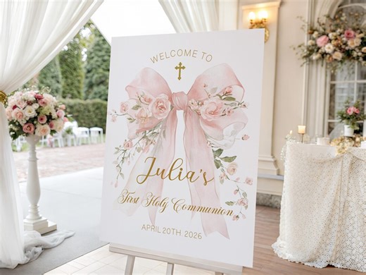 First Communion Welcome Sign Girl, Blush Pink Floral Bow, Elegant 1st Communion Poster, Decoration, Editable Template, FC33 - Etsy