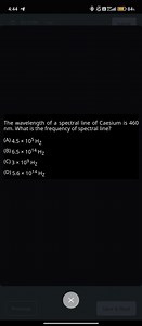 The wavelength of a spectral line of Caesium is 460 nm. What is... | Filo
