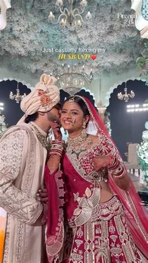 @_ourlovestoryrs_ on Instagram: "Just flexing my husband 😌✨ Bride & Groom @rashijain1307 & @_smit07_ Couple page @_ourlovestoryrs_ Wedding social media @dreamdaydocumentary Bride’s outfit @yuktaadesignerstudio Bride’s MUA @swatidedhia_makeup Wedding planner @stardom_entertainment08 Venue @sayagrandbytreat #husbandwife #justmarrıed #marriedcouple"