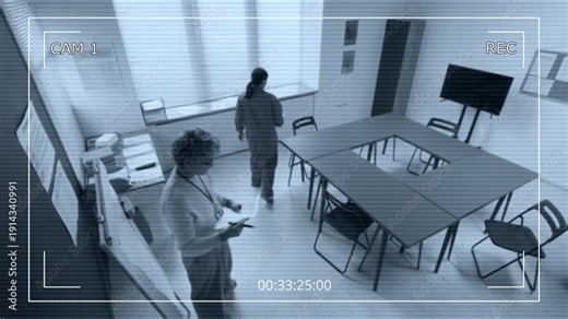 Security camera footage of mature female teacher arranging classroom and welcoming inmates for lesson during prison education program, copy space