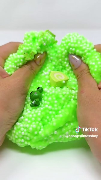 Hoppy Froggy Crunch is a green floam slime that's perfect for crunches and bubble pops 🐸 shop our restock now on www.snoopslimes.co 🐰 #slimeasmr #crunchyslime #frogs