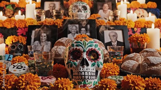 A vibrant Day of the Dead altar with sugar skulls, marigolds, and candles.