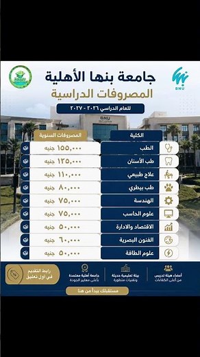 جامعة بنها الاهلية تعلن المصروفات الدراسية وتفتح التقديم للعام الجديد ٢٠٢٦ - ٢٠٢٧