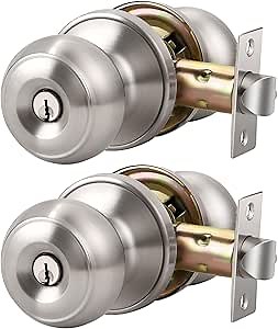 KNOBWELL 2 Pack Brushed Nickel Door Knob with Lock and Key, Keyed Alike, Exterior Keyed Door Knobs Lock with Same Keys in Solid Stainless Steel for Entrance and Front Door, Round Ball Handle