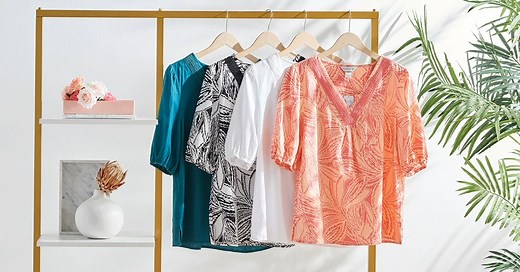 Two patterns, two solids, and four great outfits.​ #christopherandbanks #exclusivelycb ​ ​ Shop our Crochet Lace Trim Short Sleeve V-Neck Top: https://bit.ly/3Ooi9Xo | Christopher and Banks