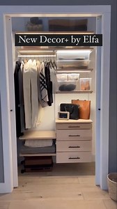Ready to elevate your closet game? 👠💙 Discover the NEW Décor by Elfa: a luxurious new twist on an old favorite! See below the key features of this closet. 👠 Full-extension, fully-enclosed wooden drawers with a soft-close mechanism. 👠 LED lighting fixtures. 👠 Elegant new wood finish in natural birch. 👠 Drawer pulls in black. | The Container Store