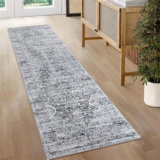 GLATTICE Runner Rug 2x6 Grey Vintage Floral Rug Boho Rug Runner Non-Slip Washable Kitchen Runner Soft Printed Retro Flower Carpet Runner for Bedroom Laundry Entryway