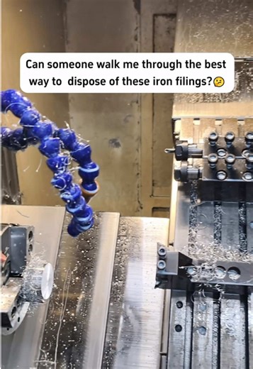 Can someone walk me through the best way to dispose of these iron filings? #CNC #CNCfactory #CNCmachine #machiningprocess #metal