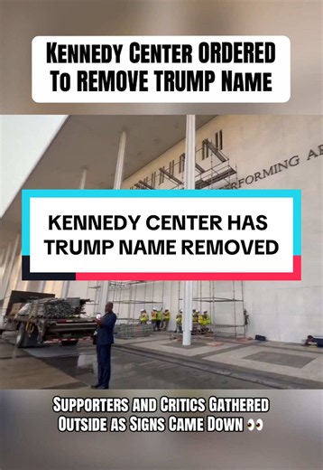 President Trump’s name has been removed from the Kennedy Center after a federal court ruled the board lacked authority to rename the historic venue… Workers spent the night removing signage as crowds gathered outside, with supporters and critics reacting to the decision. The original John F. Kennedy Center name has now been restored while the legal appeal continues 👀 #Trump #KennedyCenter #News #Politics #WashingtonDC
