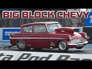584CI BBC FORD ANGLIA 105E AT SANTA POD RACEWAY
