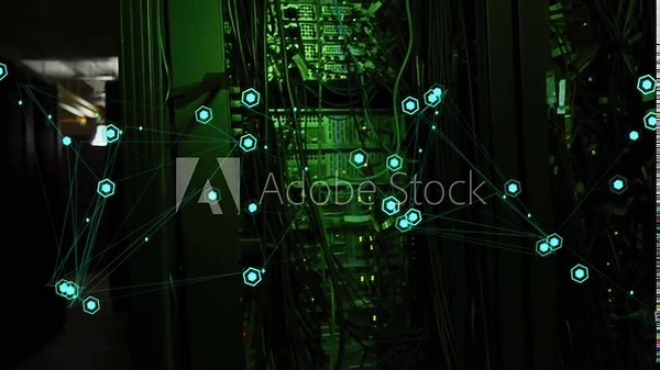 Cyan nodes appearing and clustering over central server rack, visualizing active network topology