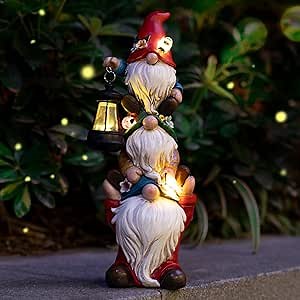 12.2'' Garden Gnome Statue with Solar Lights Large Garden Sculptures Funny Triple Gnome Outdoor Patio Lawn Yard Decor-Triple Gnome