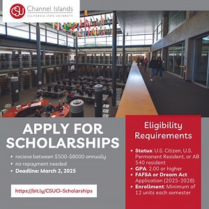 🎓 CSU Channel Islands offers scholarships ranging from $500 to $8,000 each year—free money you don’t have to pay back! Ready to invest in your future? Once you’re accepted, apply by March 2, 2025! You don’t need to demonstrate financial need for all scholarships, so take advantage of this opportunity, Dolphins! 🐬💸 Learn more: https://bit.ly/CSUCI-Scholarships #CSUCI | CSU Channel Islands