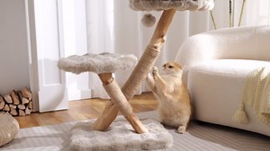 HITTITE Natural Solid Wood Cat Tree Tower with Scratching Post, 32 Inches Tall Modern Cat Tower with Cozy Bed and Platforms, Luxury Real Branch Cat Tree for Indoor Cats Large Adult, Pink.