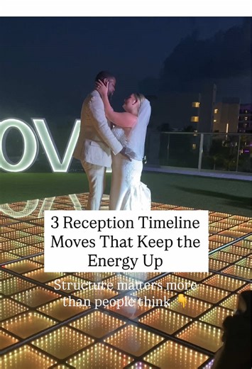 Reception Tips… If you’re engaged, reception energy isn’t random. It’s built by how you stack your timeline. Most slow receptions aren’t boring. They just have awkward gaps. Here’s 3 moves that keep the energy up. 1️⃣ Start with momentum After your grand entrance, don’t just sit down. Go right into your first dance or parent dances. It signals the celebration has started. 2️⃣ Put speeches near the end of dinner Let guests eat first. Then do toasts while everyone’s seated and relaxed. If they go 
