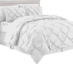 Elegant Comfort Cozy and Soft 8-Piece Bed-in-a-Bag All Season Comforter Set, Includes 4pc Smart Sheet Set, Bed Skirt, Comforter, Matching Pillowcases and Shams, Pintuck Design, Full/Queen, White