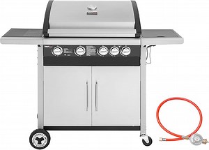 Royal Gourmet 4+1 Brenner Gasgrill Grillwagen mit Unterschrank, Edelstahlbrenner mit 14,5 kW und automatischer Zündung Campinggrill mit Seitenbrenner Silber
