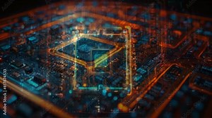 A seamless looping video by generative AI focusing on computing processors, microchips, CPUs, and detailed electronic circuit boards, highlighting advanced technology.