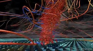 This visualizes a F3 Tornado forming within a supercell thunderstorm. This visualization represents one hour of storm evolution h/t: http://avl.ncsa.illinois.edu/ | Inverse