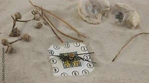 Clock with running second hand in the sand on the background of the withered flower and stone. The transience of time.