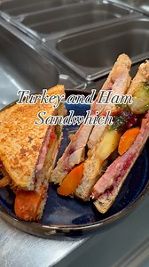 Festive Turkey and Ham sandwich! Ingredients ▶️Bread 3 slice brown ▶️cranberry sauce 2 tablespoons ▶️turkey slices 2 ▶️ham slices 1 ▶️Brussels sprouts 7 ▶️carrot 1 ▶️parsnip 1 ▶️mozzarella cheese ▶️turkey gravy Start with applying cranberry to brown bread toast then turkey and ham , veggies and cheese assemble the sandwich put in the pan grill both side , put in oven for few minutes . Slice it and serve it ! | Chef inside the pot