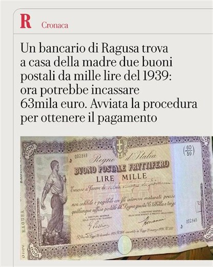 Trova due buoni postali da mille lire del 1939: ora potrebbe incassare 63 mila euro