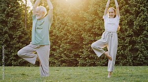 Elderly man and young woman performing tree pose in sunlit park, embodying intergenerational wellness and harmonious connection during golden hour