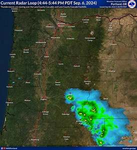 Radar loop from 4:44-5:44 PM PDT Sep. 6th shows scattered thunderstorms moving northwest over the Lane County Cascades/foothills. A shower or thunderstorm is possible over the Willamette Valley this evening between Salem & Eugene as this convection drifts northwestward. | US National Weather Service Portland Oregon